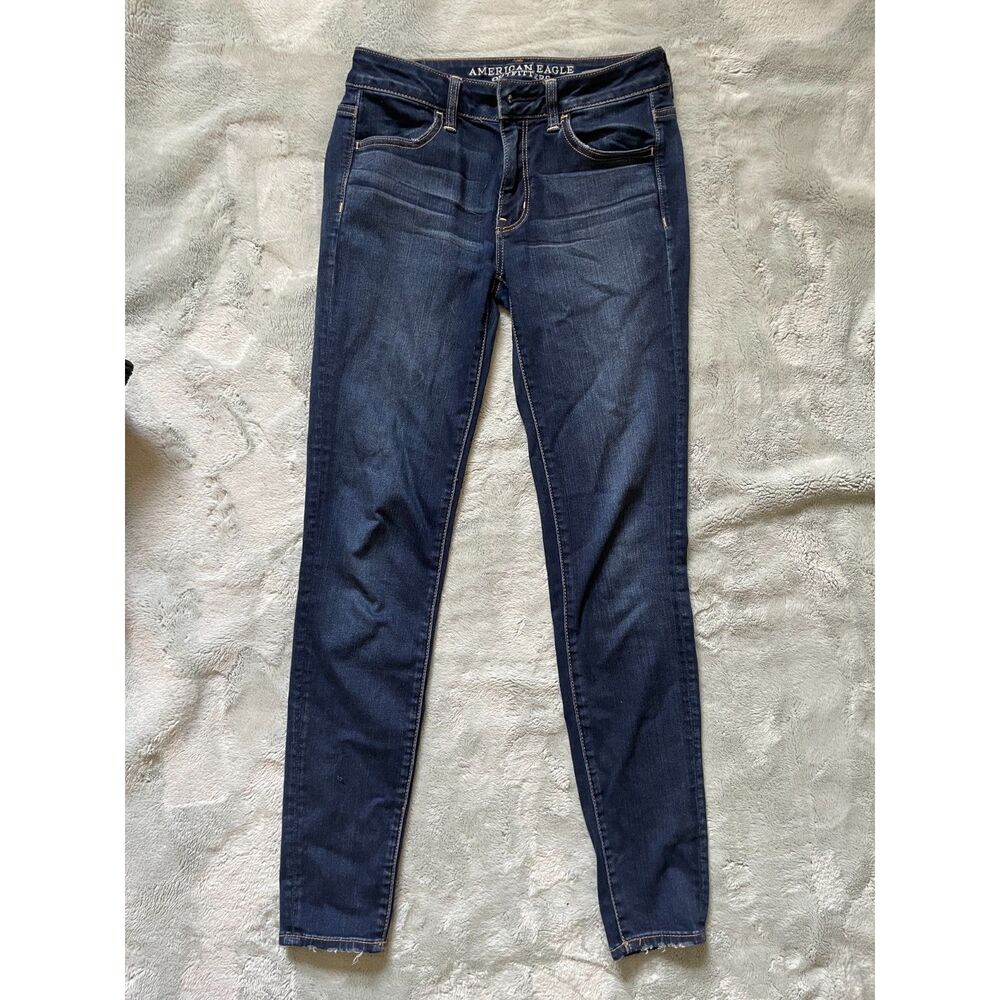 American Eagle Stretch Skinny Mid Rise Jeggings Frayed Hem Dark Wash Size 4